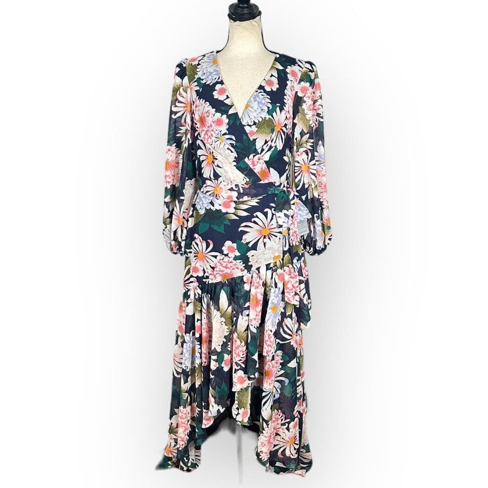 Eliza J Floral Long Sleeve High-Low Faux Wrap Dress Women's 8 Blue Floral NWT - Picture 3 of 12